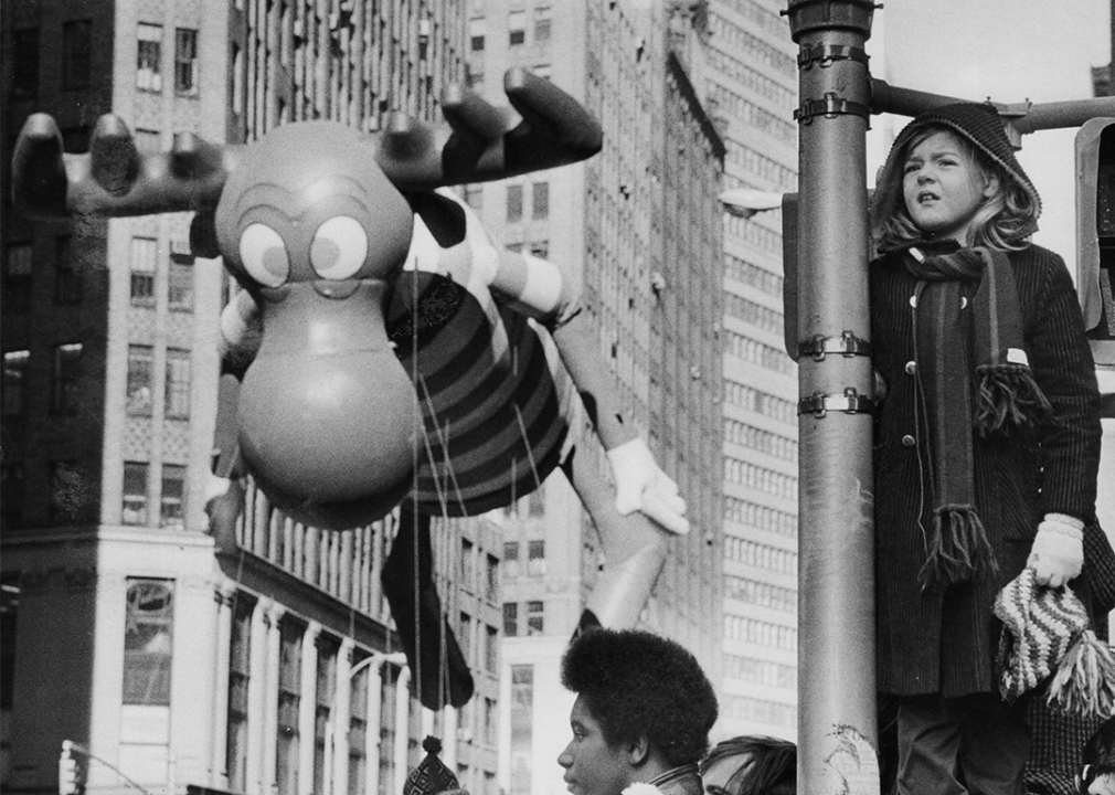 A Bullwinkle Moose balloon floats down Broadway.